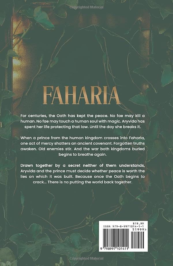 Official back cover of Faharia by Lauren James Li with the book description and ISBN barcode