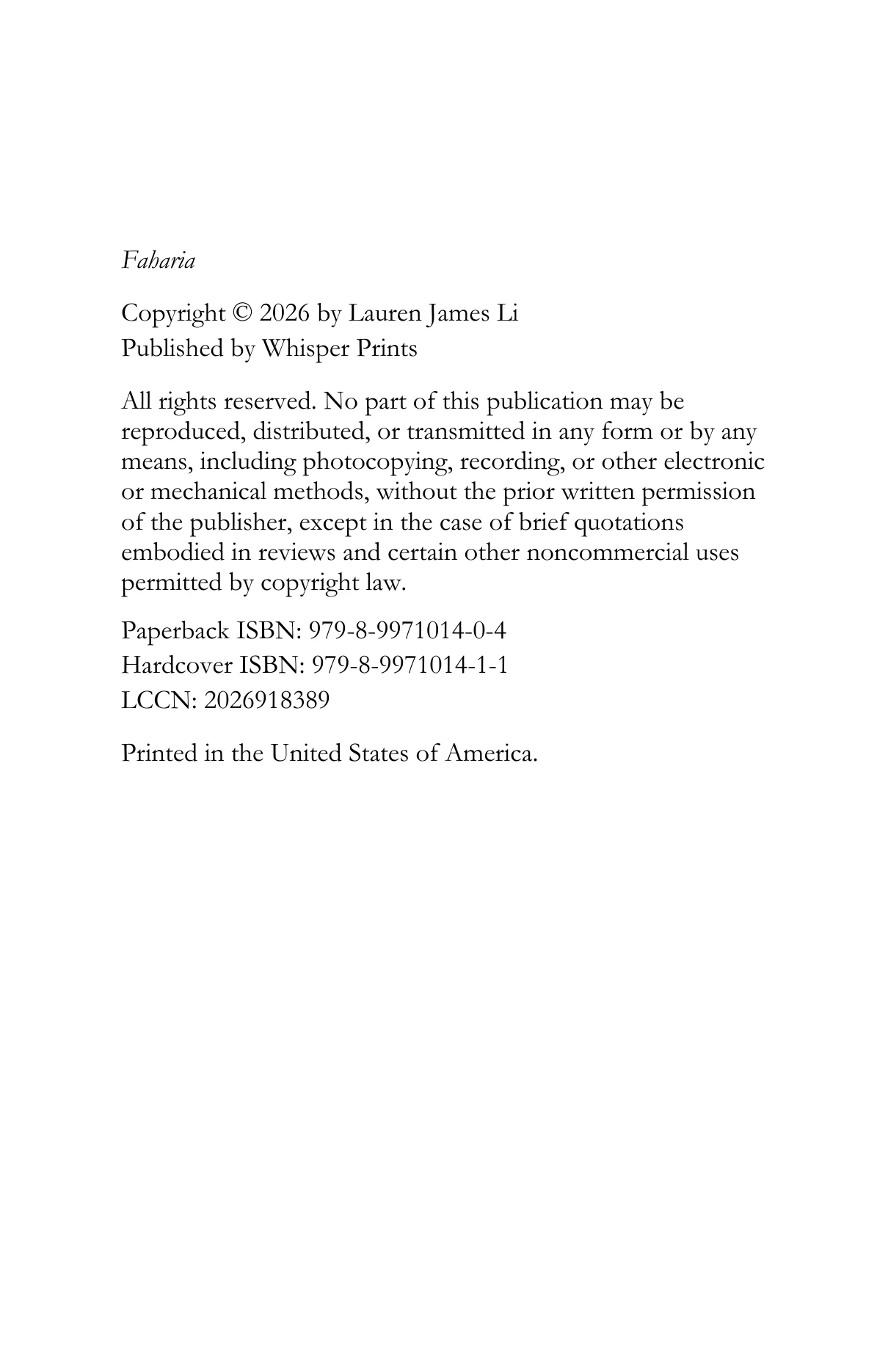 Faharia by Lauren James Li, Copyright page, reproduced from the official author-approved paperback preview