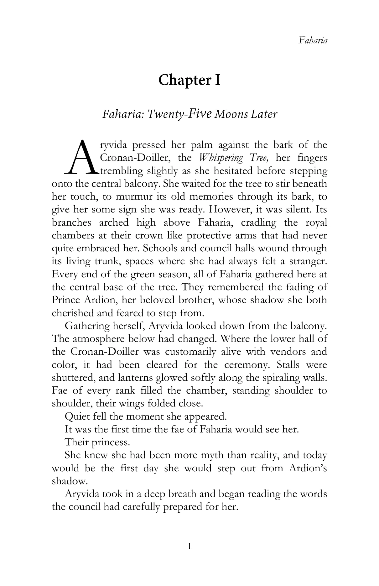 Faharia by Lauren James Li, Chapter I, printed page 1, reproduced from the official author-approved paperback preview