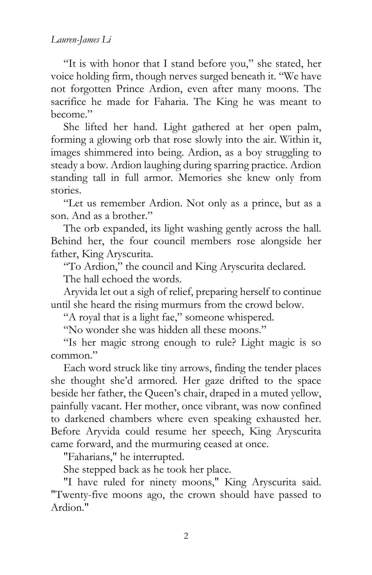 Faharia by Lauren James Li, Chapter I, printed page 2, reproduced from the official author-approved paperback preview