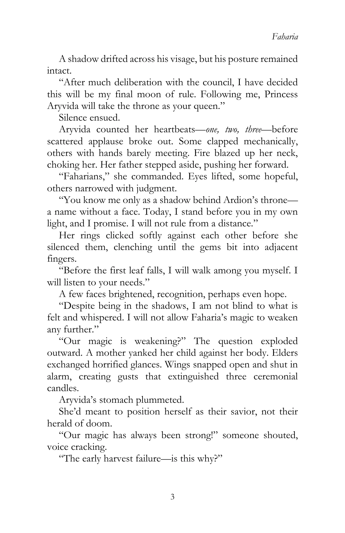 Faharia by Lauren James Li, Chapter I, printed page 3, reproduced from the official author-approved paperback preview