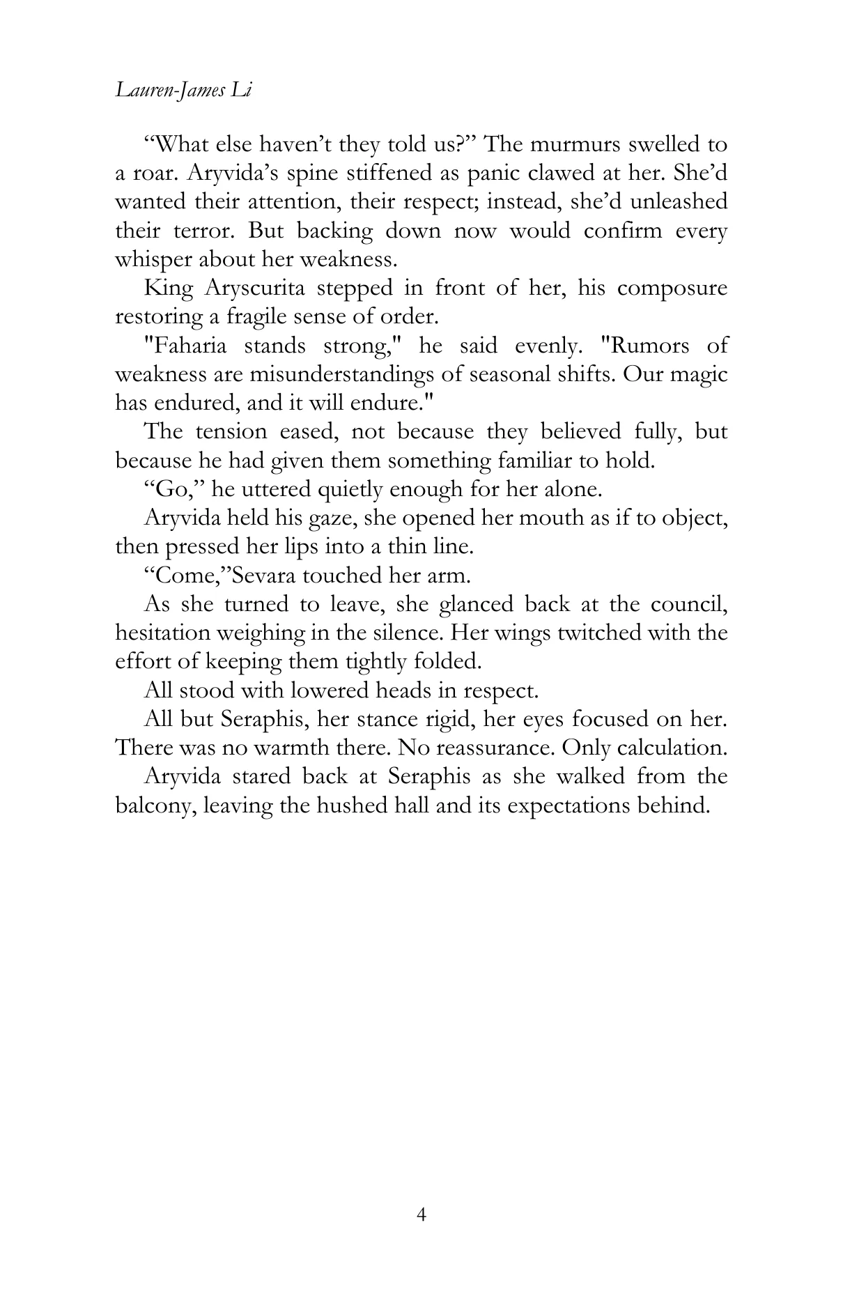 Faharia by Lauren James Li, Chapter I, printed page 4, reproduced from the official author-approved paperback preview