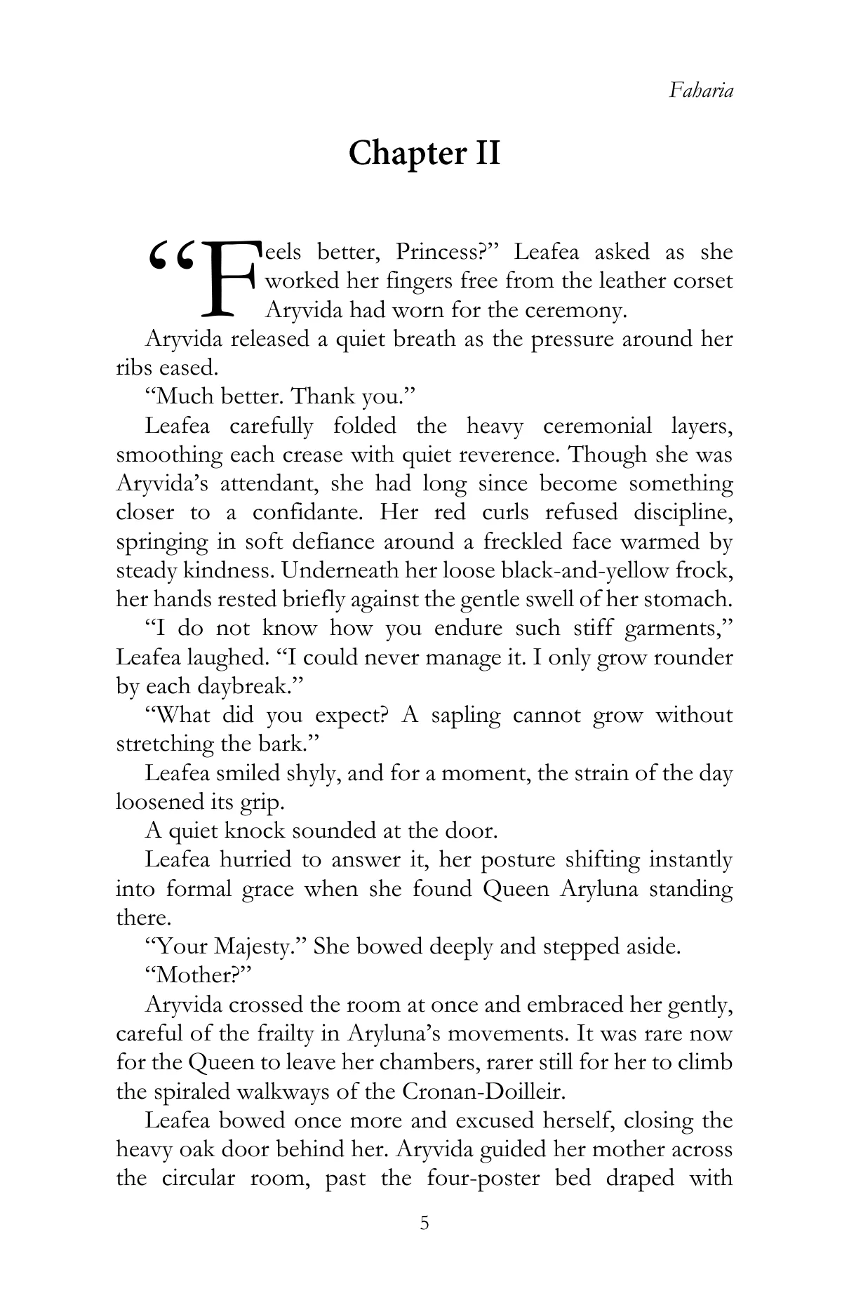 Faharia by Lauren James Li, Chapter II, printed page 5, reproduced from the official author-approved paperback preview