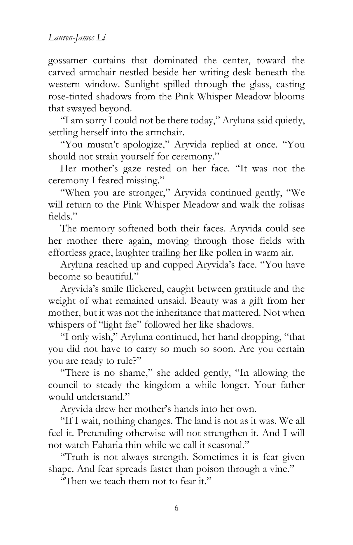 Faharia by Lauren James Li, Chapter II, printed page 6, reproduced from the official author-approved paperback preview