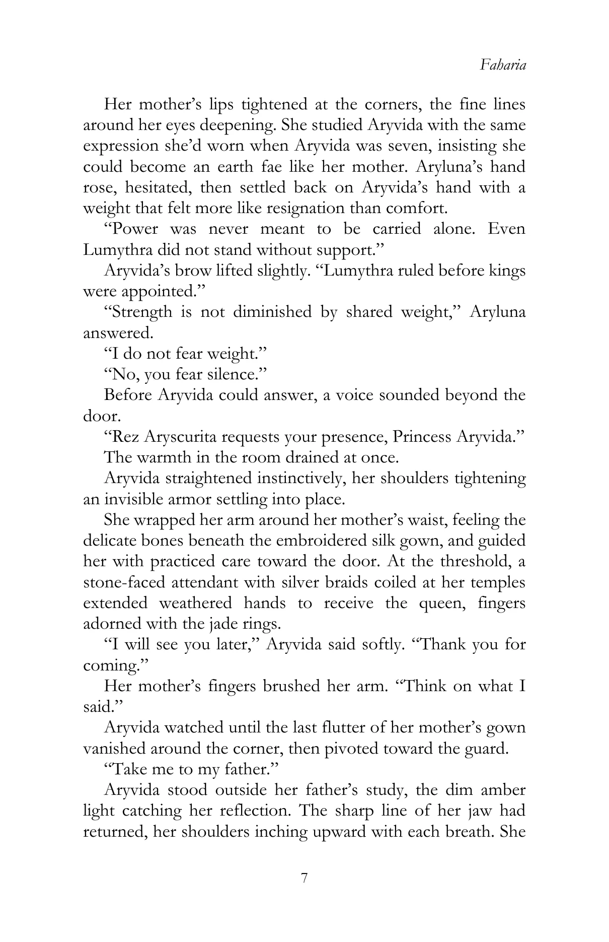 Faharia by Lauren James Li, Chapter II, printed page 7, reproduced from the official author-approved paperback preview