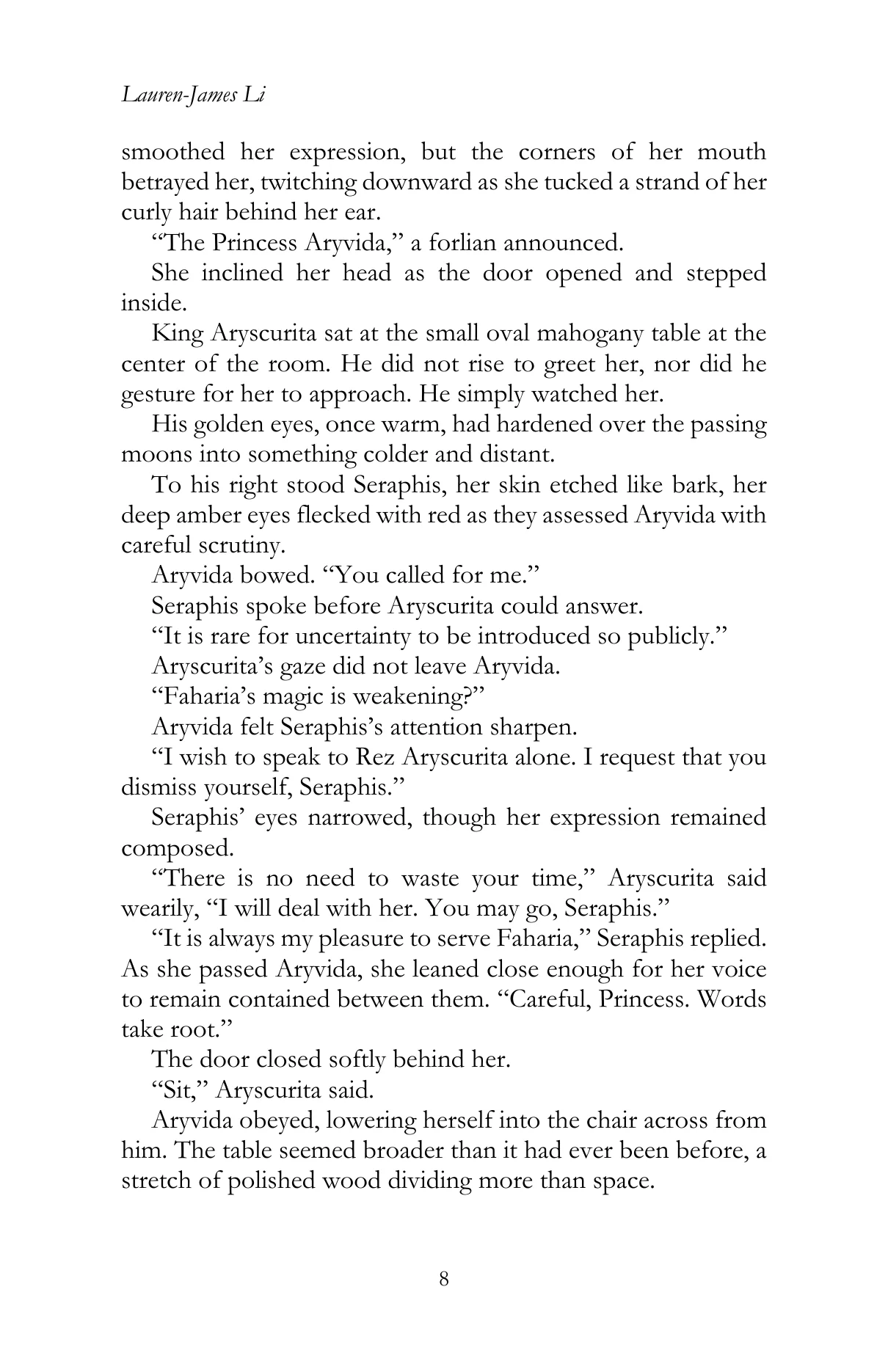 Faharia by Lauren James Li, Chapter II, printed page 8, reproduced from the official author-approved paperback preview