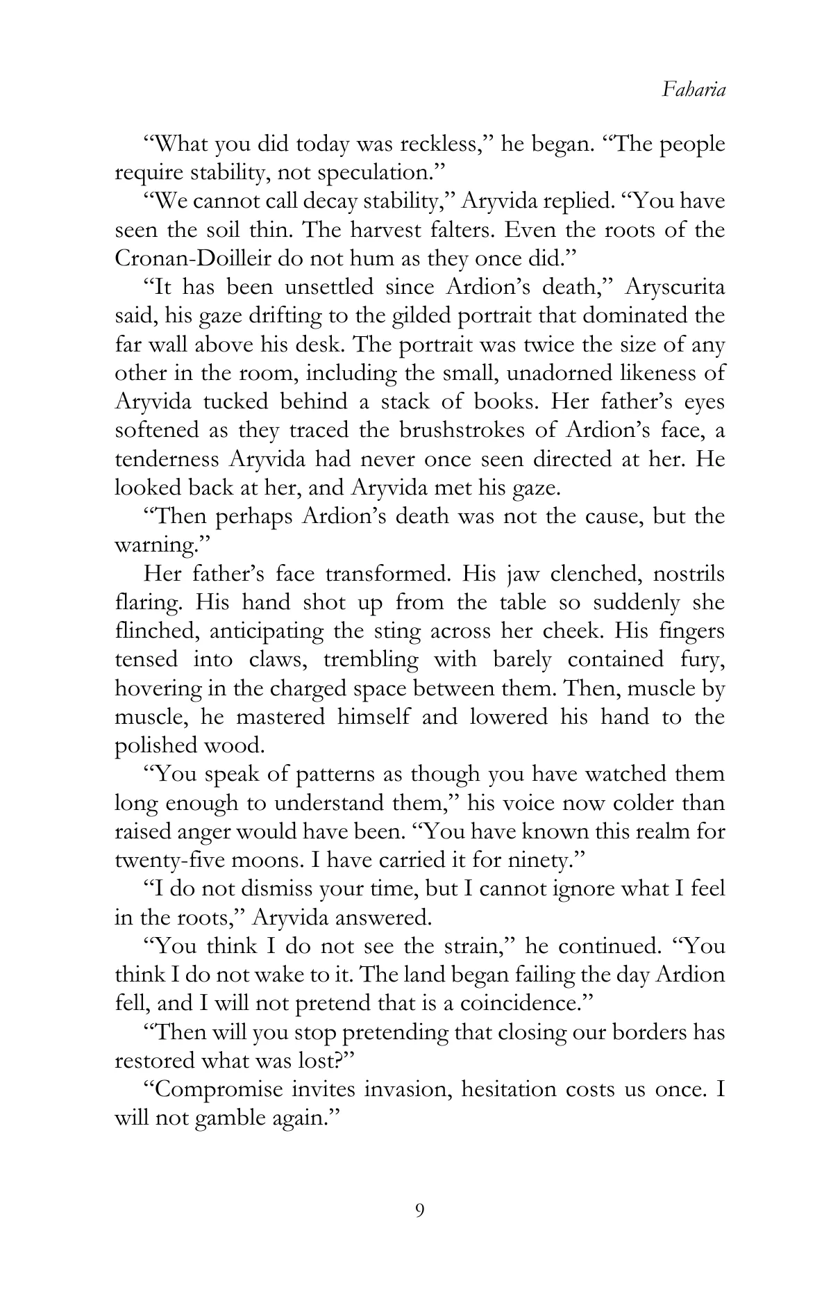 Faharia by Lauren James Li, Chapter II, printed page 9, reproduced from the official author-approved paperback preview