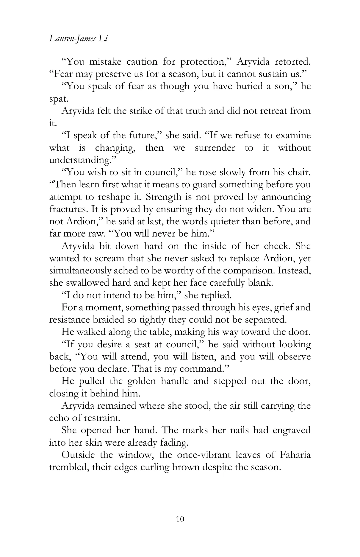 Faharia by Lauren James Li, Chapter II, printed page 10, reproduced from the official author-approved paperback preview