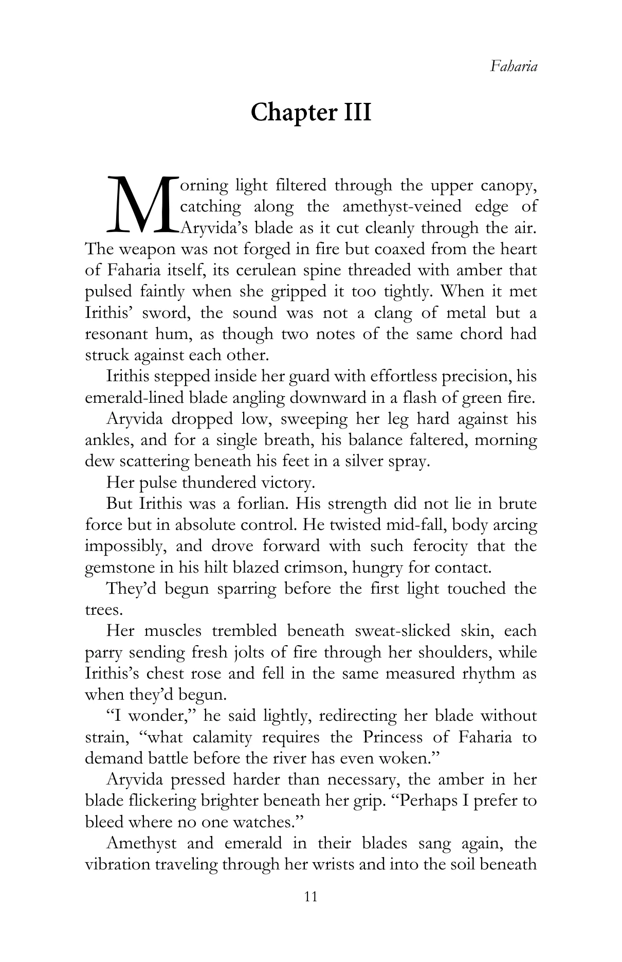 Faharia by Lauren James Li, Chapter III, printed page 11, reproduced from the official author-approved paperback preview
