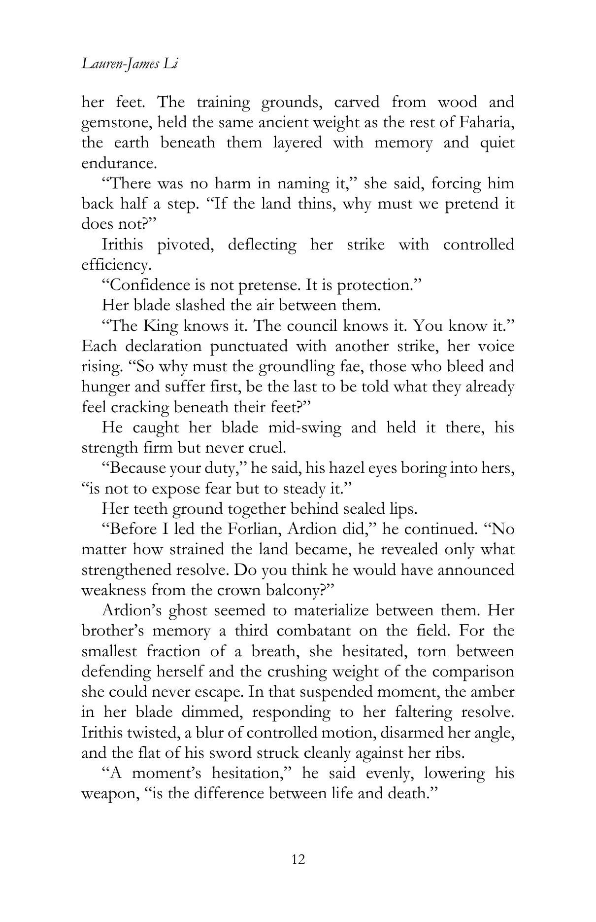 Faharia by Lauren James Li, Chapter III, printed page 12, reproduced from the official author-approved paperback preview