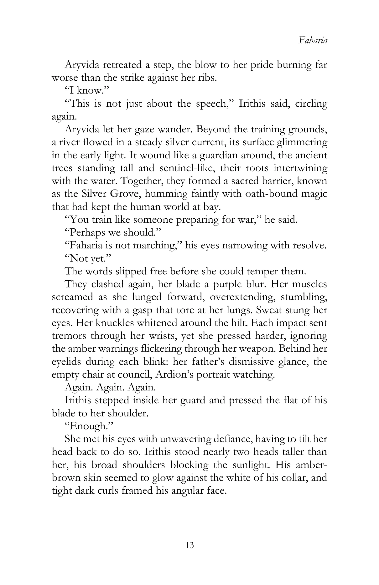 Faharia by Lauren James Li, Chapter III, printed page 13, reproduced from the official author-approved paperback preview