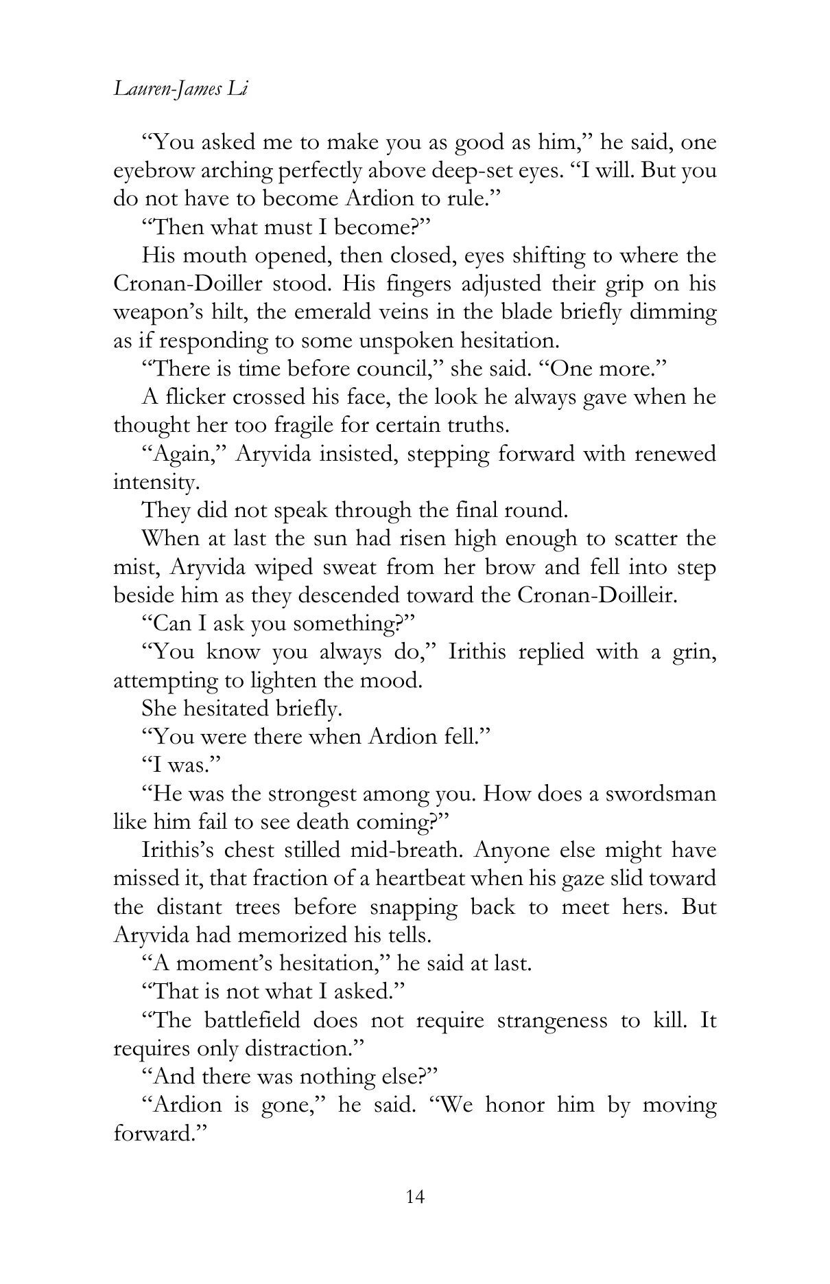 Faharia by Lauren James Li, Chapter III, printed page 14, reproduced from the official author-approved paperback preview