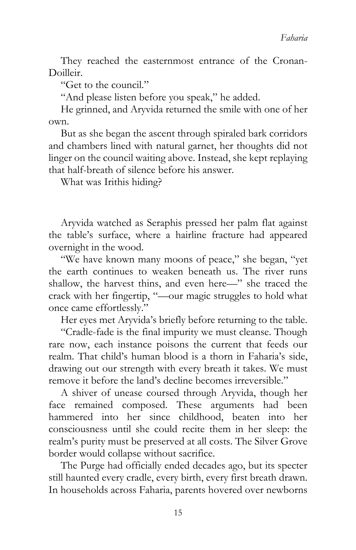 Faharia by Lauren James Li, Chapter III, printed page 15, reproduced from the official author-approved paperback preview
