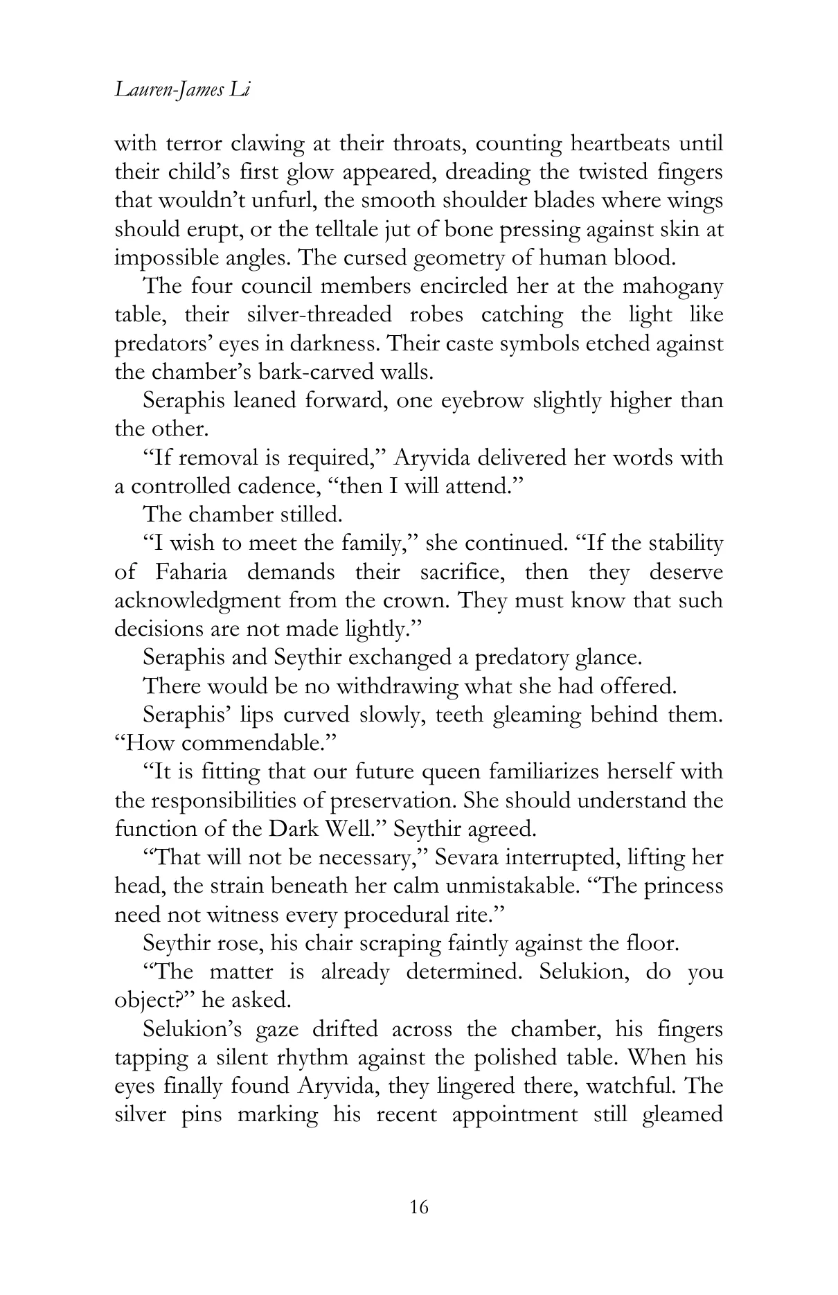 Faharia by Lauren James Li, Chapter III, printed page 16, reproduced from the official author-approved paperback preview