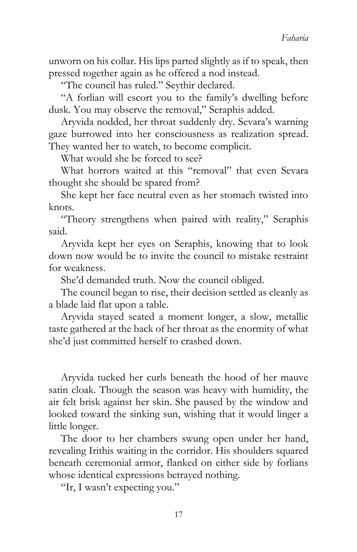 Faharia by Lauren James Li, Chapter III, printed page 17, reproduced from the official author-approved paperback preview