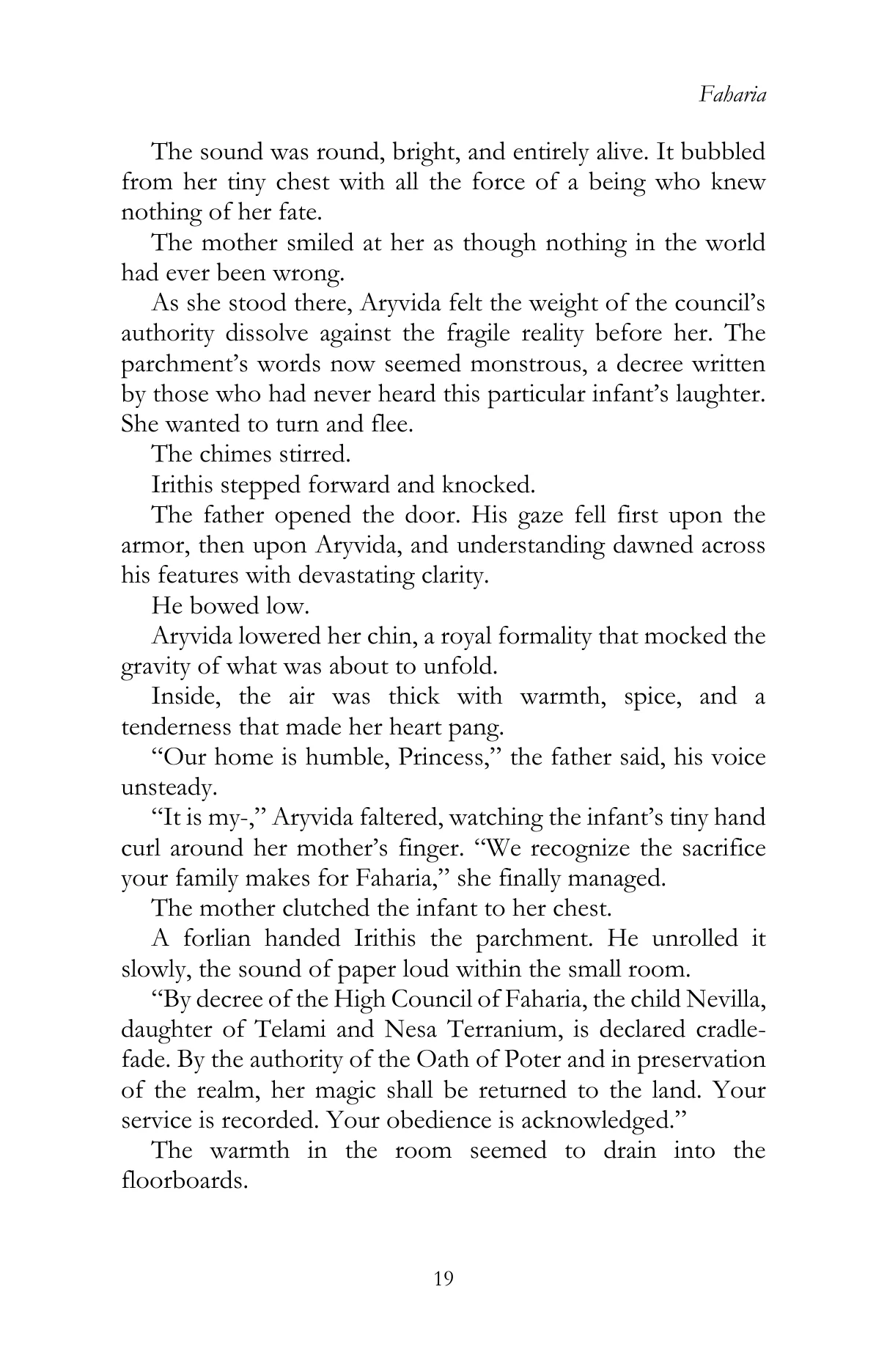 Faharia by Lauren James Li, Chapter III, printed page 19, reproduced from the official author-approved paperback preview