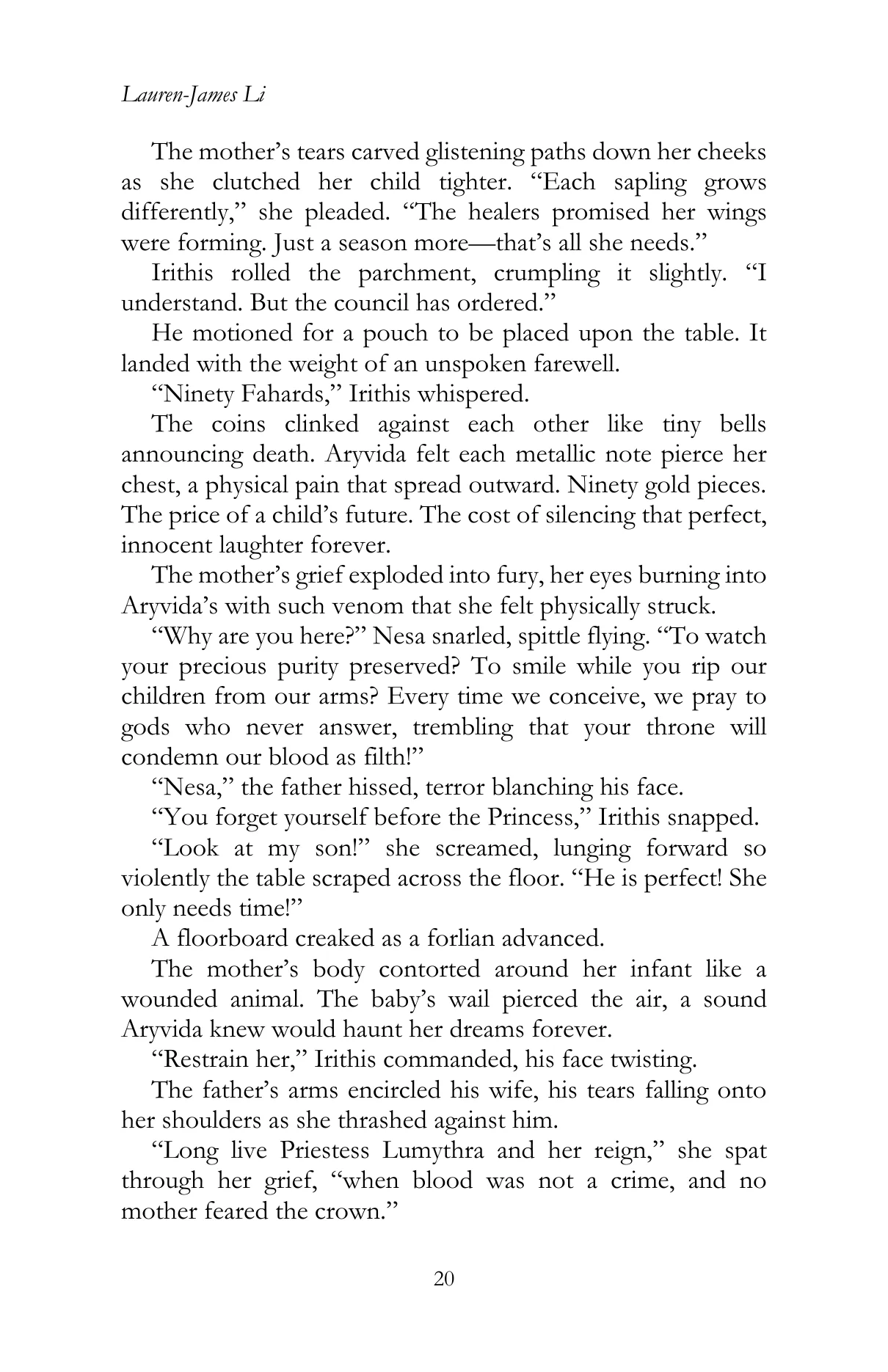 Faharia by Lauren James Li, Chapter III, printed page 20, reproduced from the official author-approved paperback preview